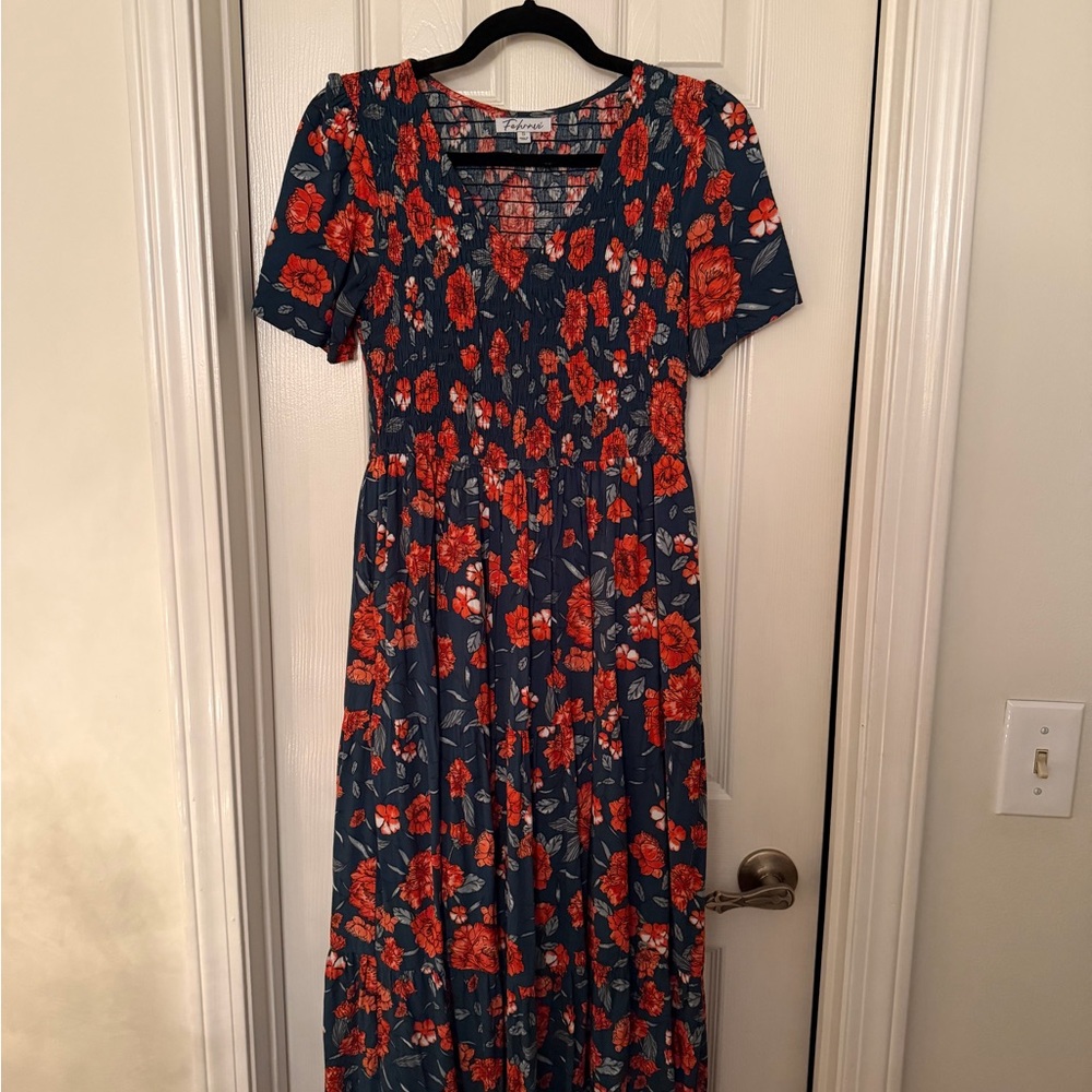 Floral Blue and Red Midi Dress